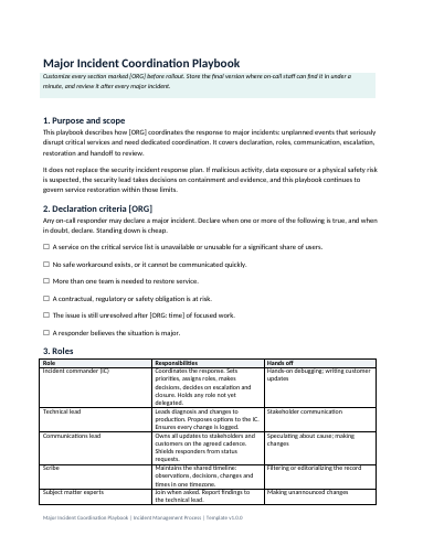 First page of the major incident coordination playbook