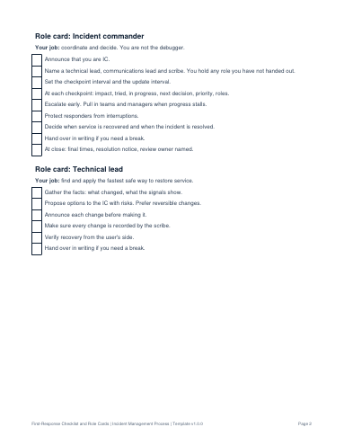 Incident commander role card from the Operations Pack